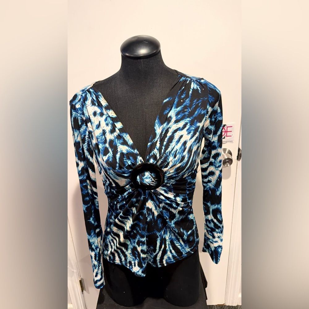 Vintage Cache Vibrant Blue and Black Patterned Long Sleeve Dress